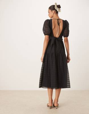 Nobody's Child Aggie Stripe Puff Sleeve Dress In Black