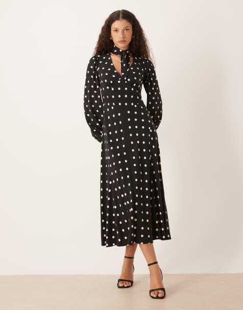 Nobody's Child Sadie tie neck midaxi dress in black and white spot - view 1