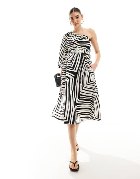 Nobody's Child Saffy one shoulder linen midi dress in mono print - view 1