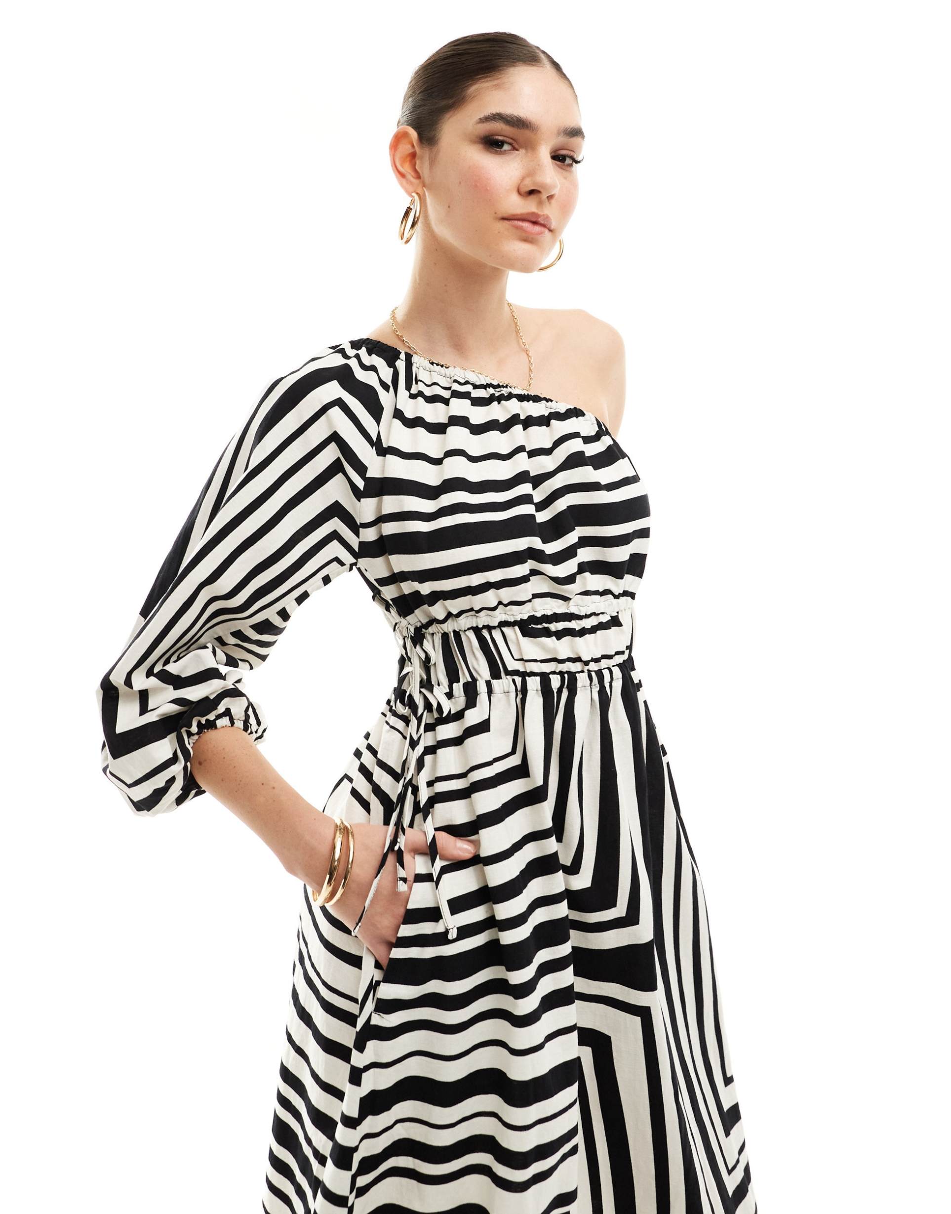 nobody's child saffy one shoulder linen mix midi dress in mono print