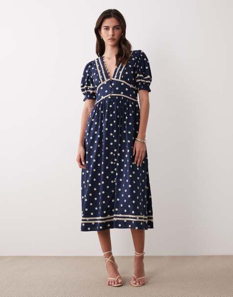 Nobody's Child Saffy puff sleeve lace detailing button up midi dress in polka dot navy - view 1