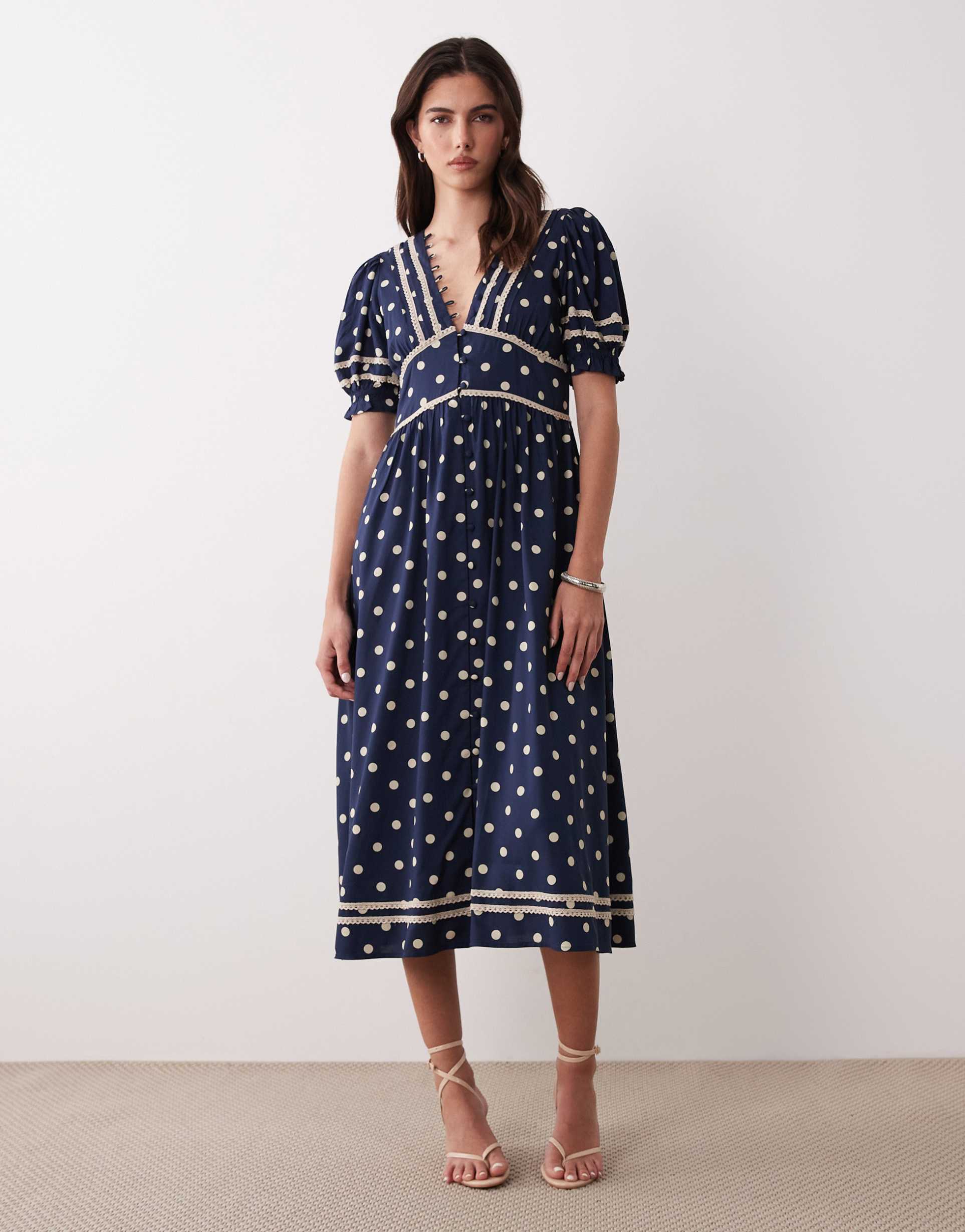 nobody's child saffy puff sleeve lace detailing button up midi dress in polka dot navy