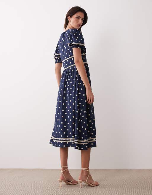 Nobody's Child Saffy puff sleeve lace detailing button up midi dress in polka  dot navy | ASOS