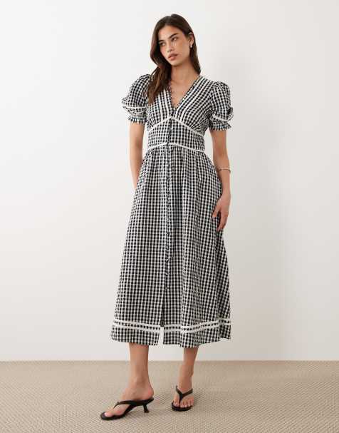 Nobody's Child - Saffy - Vestido midi a cuadros vichy negros con cuello de pico y mangas abullonadas - view 1