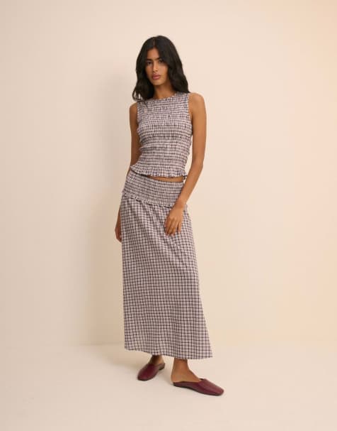 Nobody's Child Sallie cotton round neck shirred bodice sleeveless top in blue and pink check - view 1