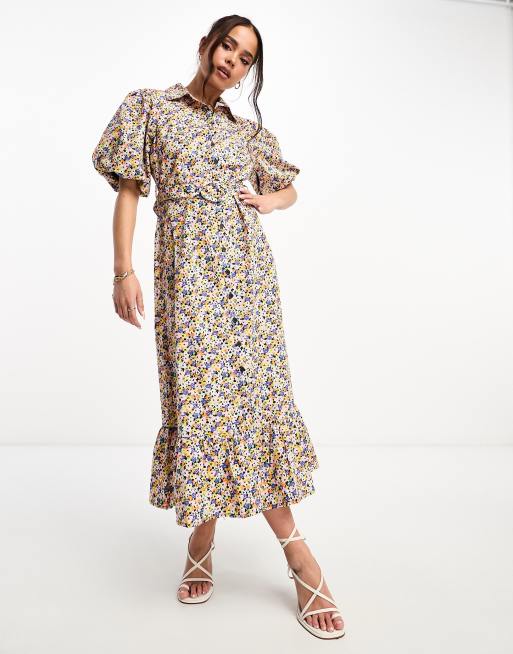 Nobody's Child - Samm - Midi-jurk met pofmouwen en riem in fijne bloemenprint