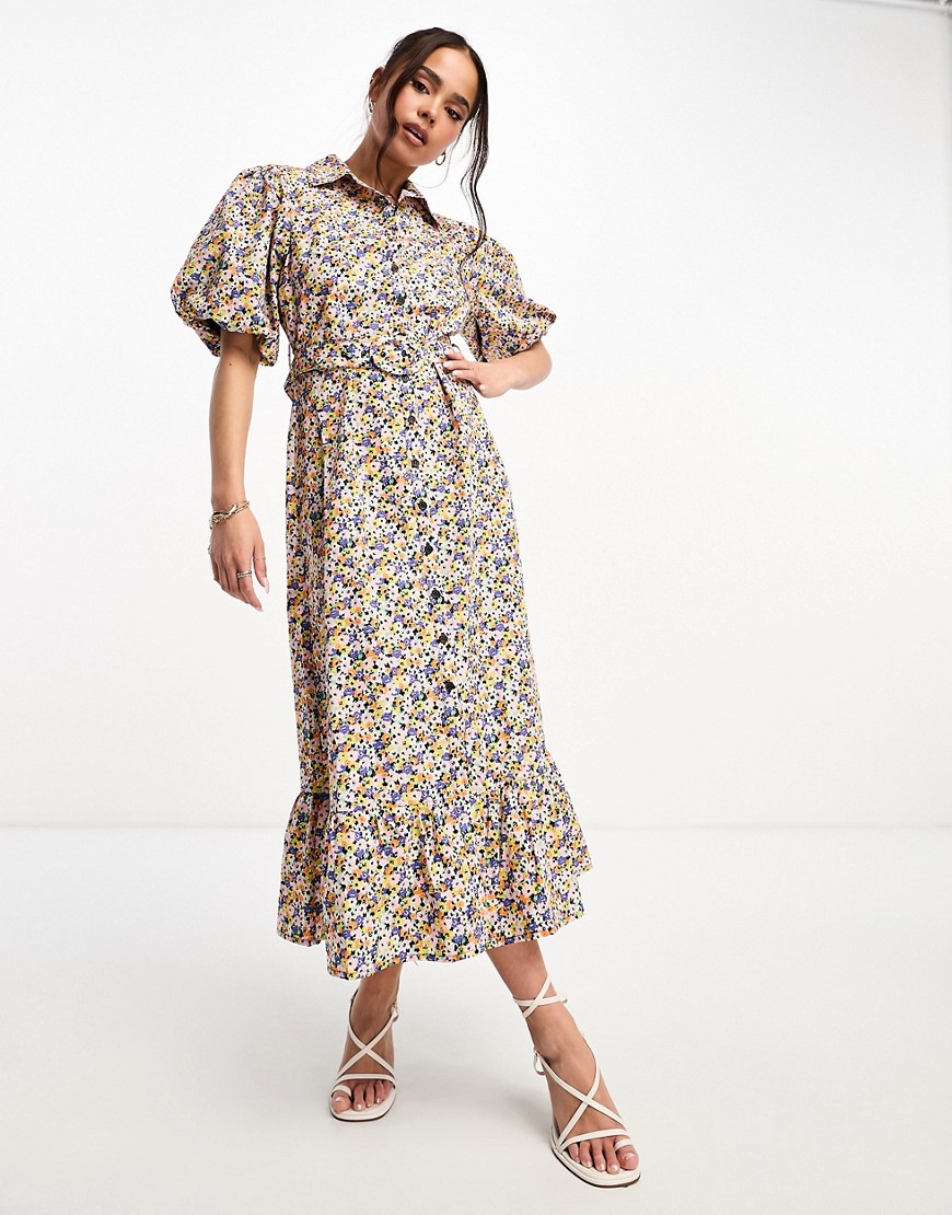 Nobody's Child Samm puff sleeve belted midi dress in ditsy floral-Multi