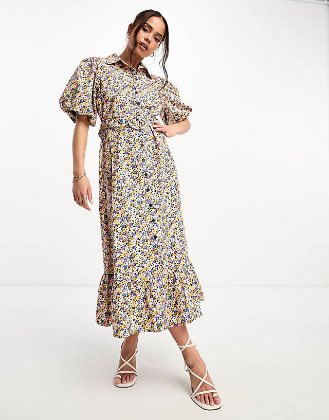 Nobody's Child - samm puff sleeve belted midi dress in ditsy floral