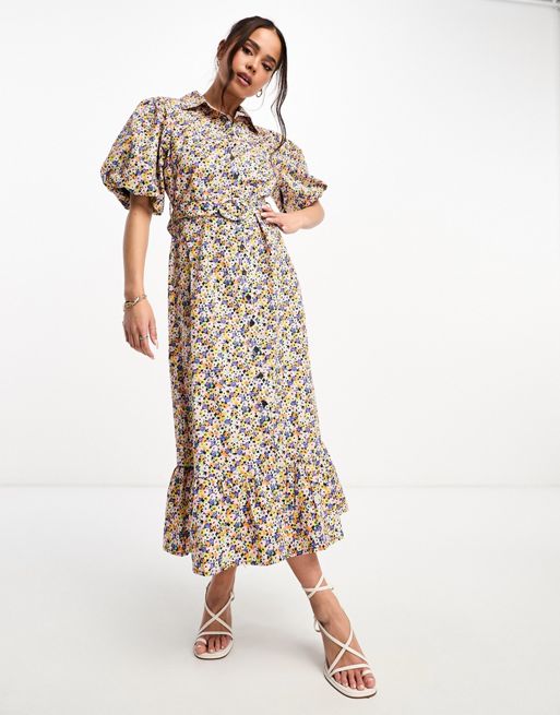 Nobody's Child Samm puff sleeve belted midi dress in ditsy floral | ASOS