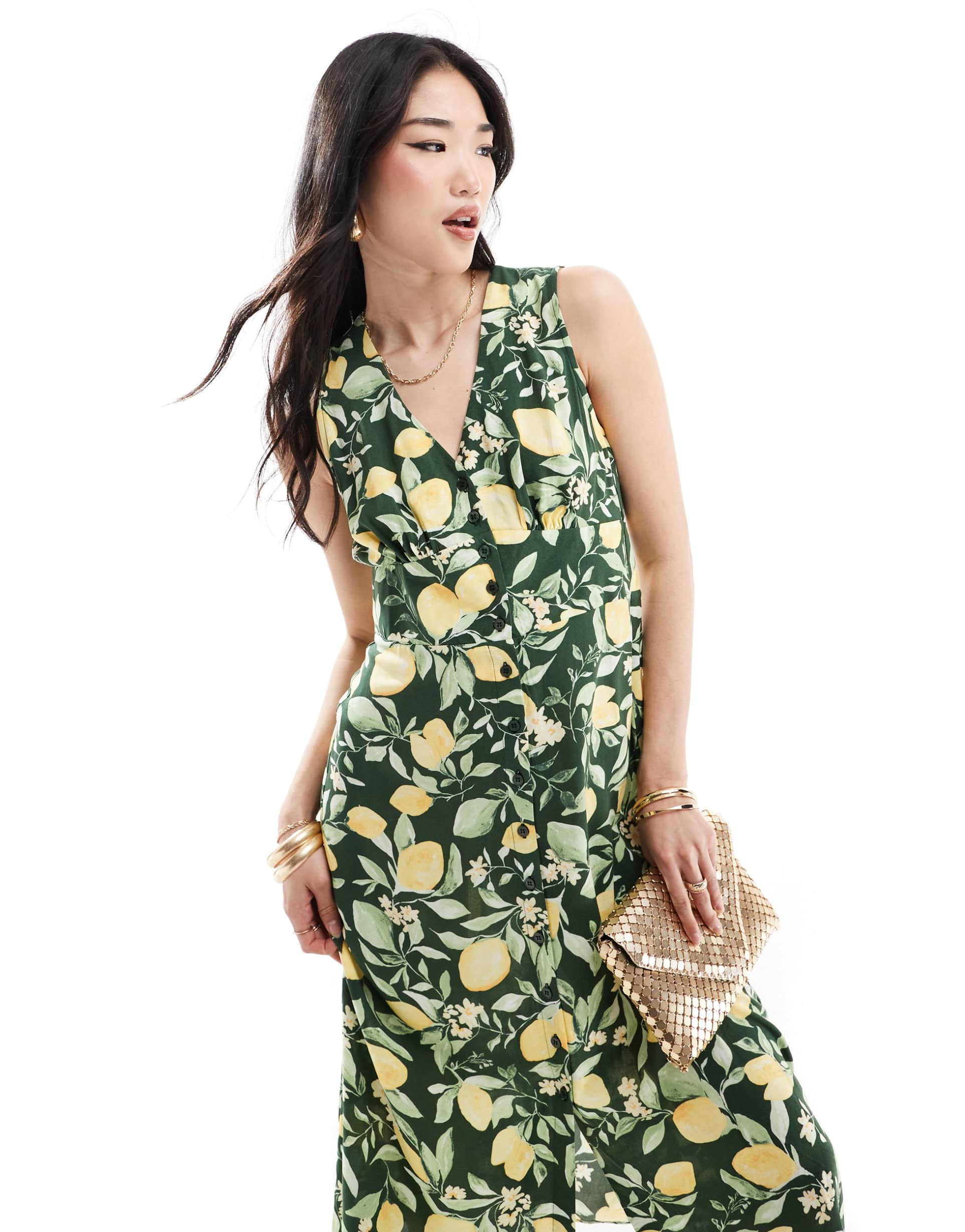 nobody's child sandra midi dress in green lemon print