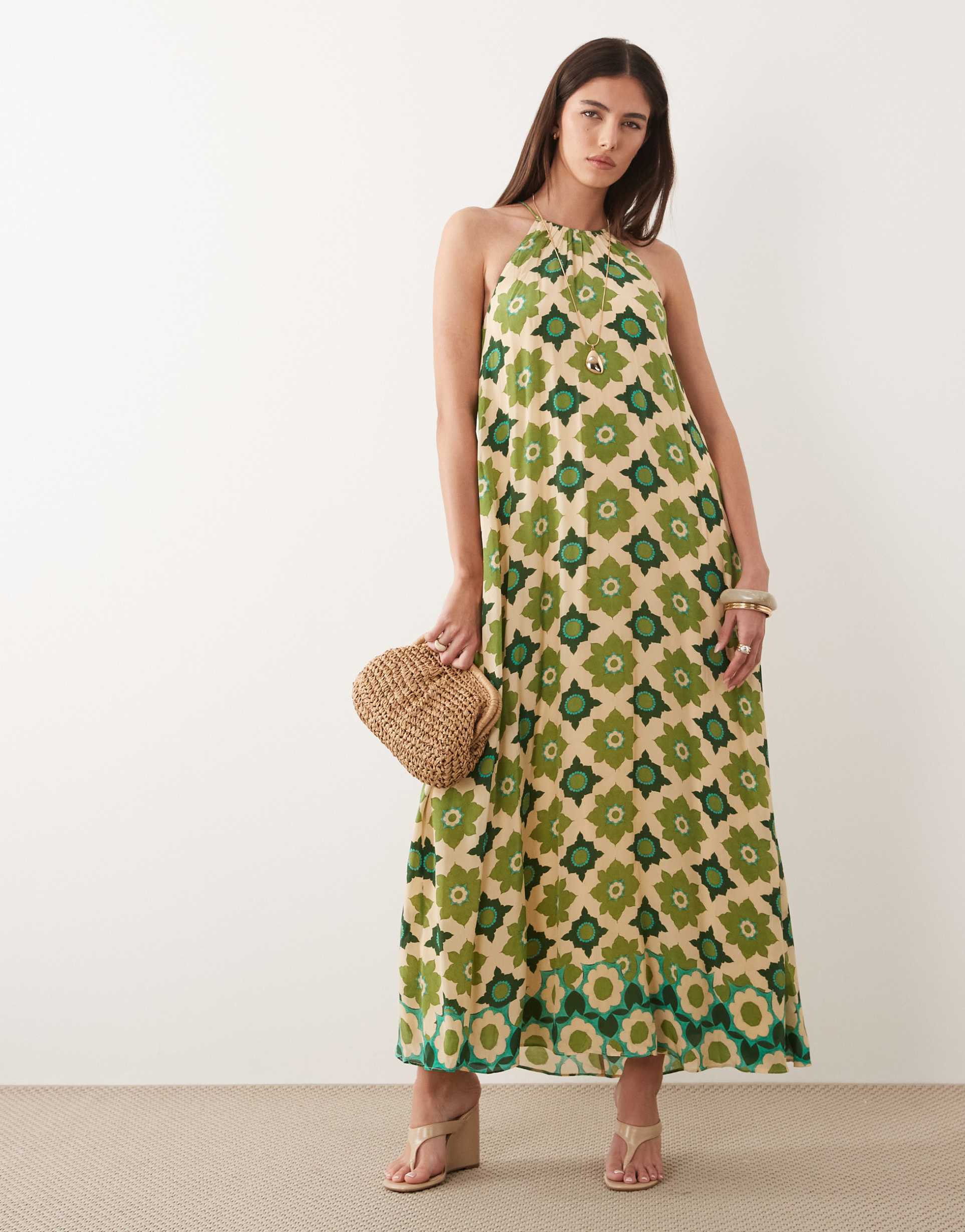 nobody's child sara halterneck a line maxi dress in green floral