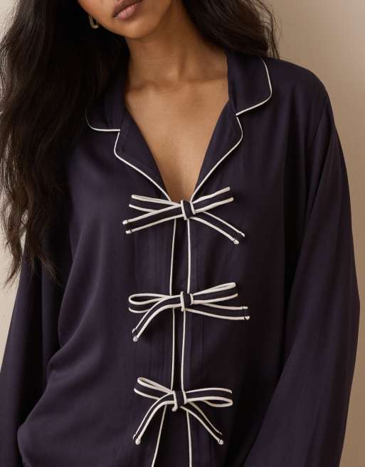 Nobody's Child satin bow detail pyjama shirt and bottom set in navy, 3 of 4