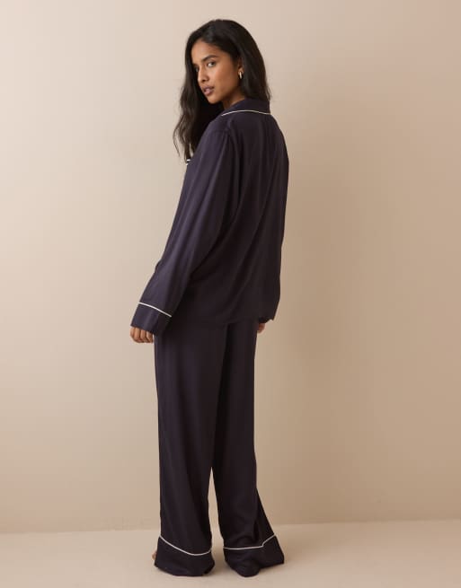 Nobody's Child satin bow detail pyjama shirt and bottom set in navy, 4 of 4
