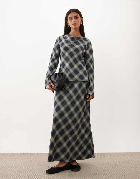 Nobody's Child satin cowl detail top and bias maxi skirt set in blue and green check - view 1