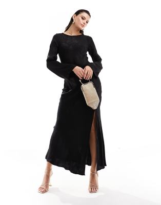 satin jacquard maxi dress with thigh slit in black