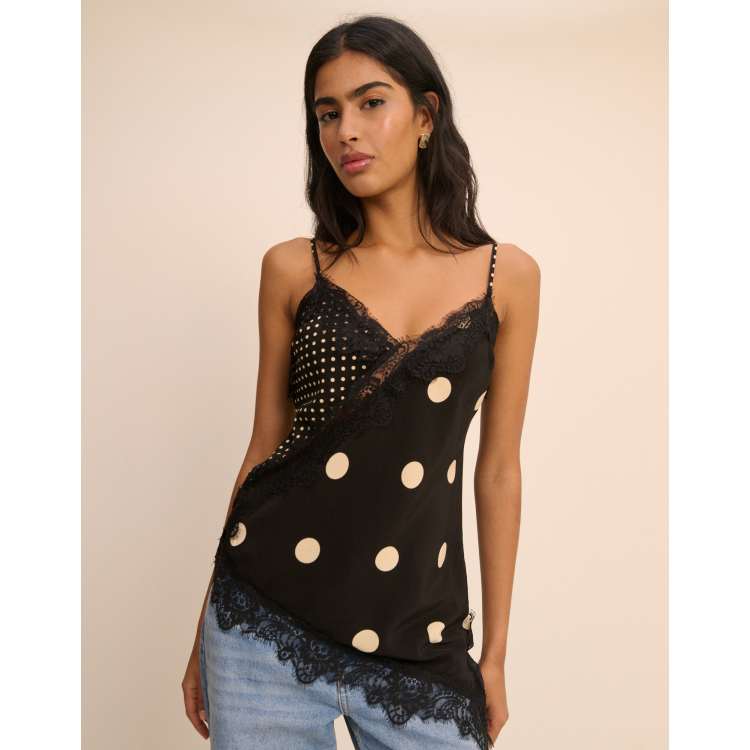 Nobody's Child satin lace trim asymmetric cami top in black mixed