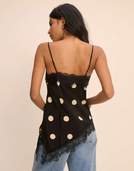 Nobody's Child satin lace trim asymmetric cami top in black mixed spot polka dot, 3 of 4