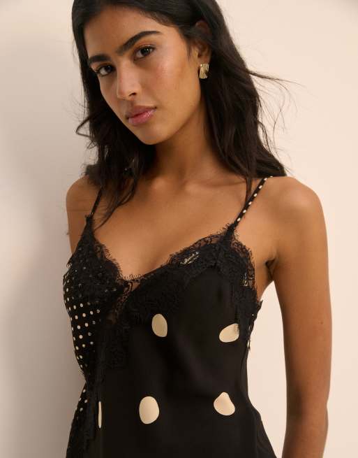 Nobody's Child satin lace trim asymmetric cami top in black mixed