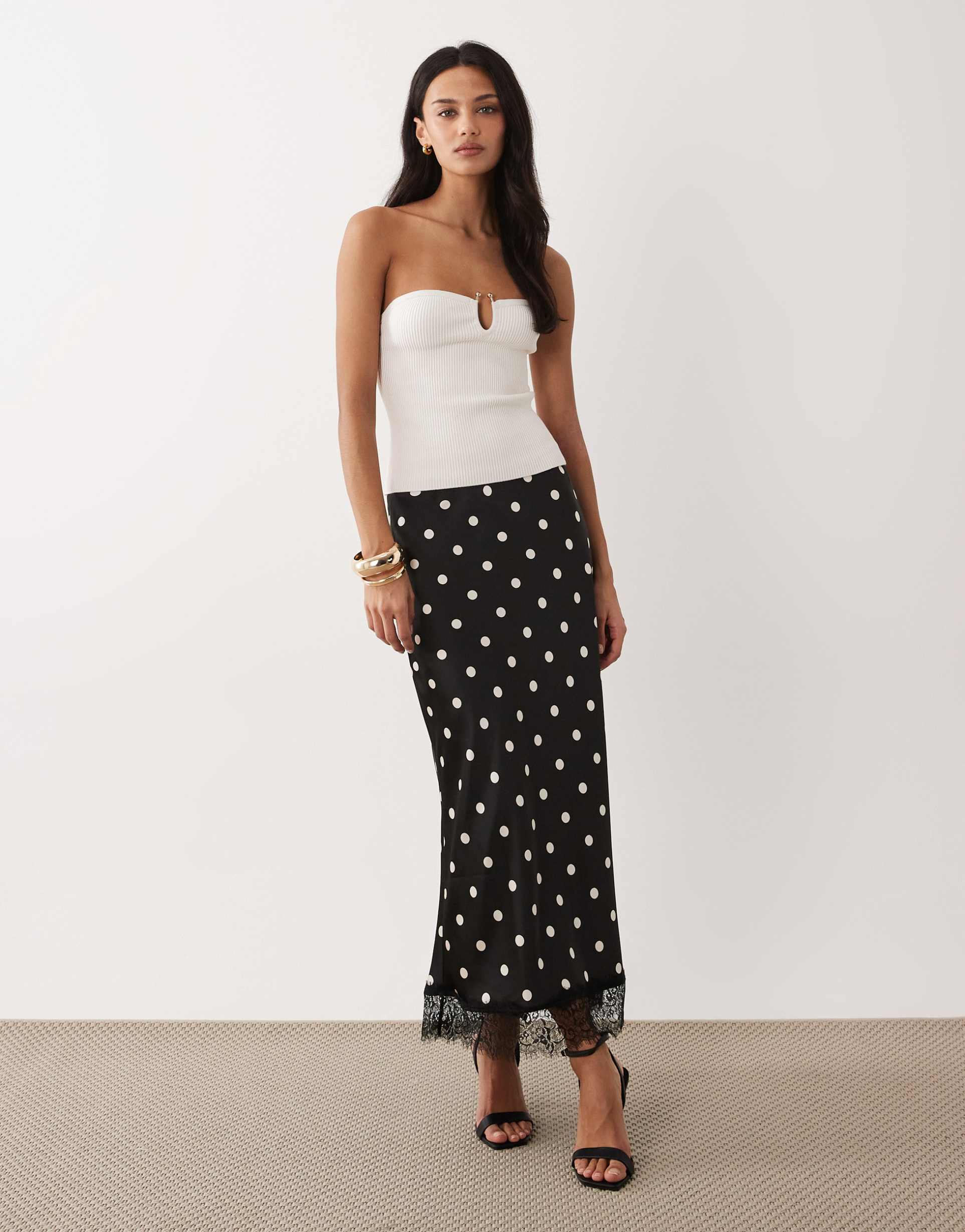 nobody's child satin lace trim maxi skirt in black polka dot