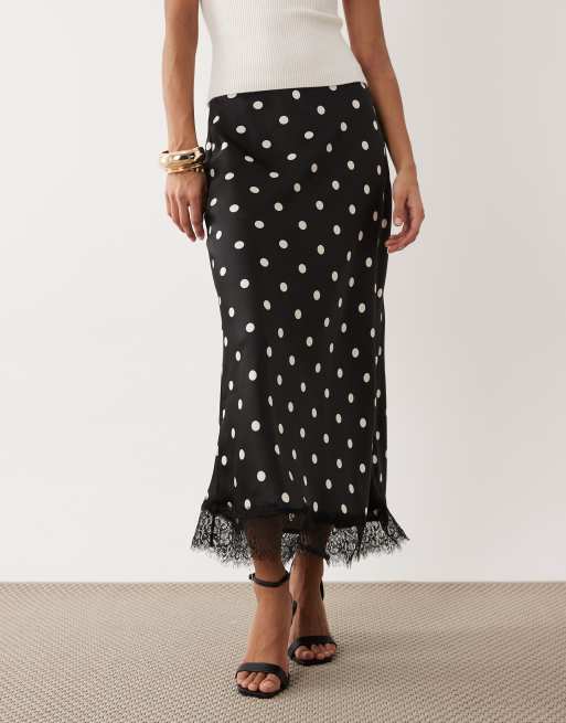 Nobody's Child satin lace trim maxi skirt in black polka dot, 2 of 5