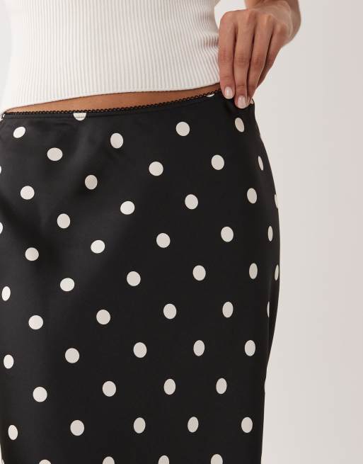 Nobody's Child satin lace trim maxi skirt in black polka dot, 3 of 5