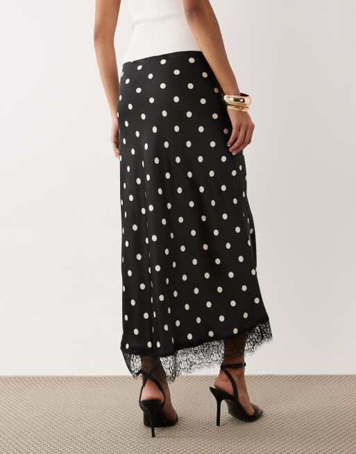 Nobody's Child satin lace trim maxi skirt in black polka dot, 4 of 5