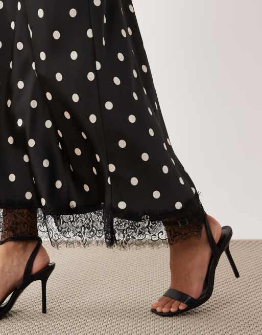 Nobody's Child satin lace trim maxi skirt in black polka dot, 5 of 5
