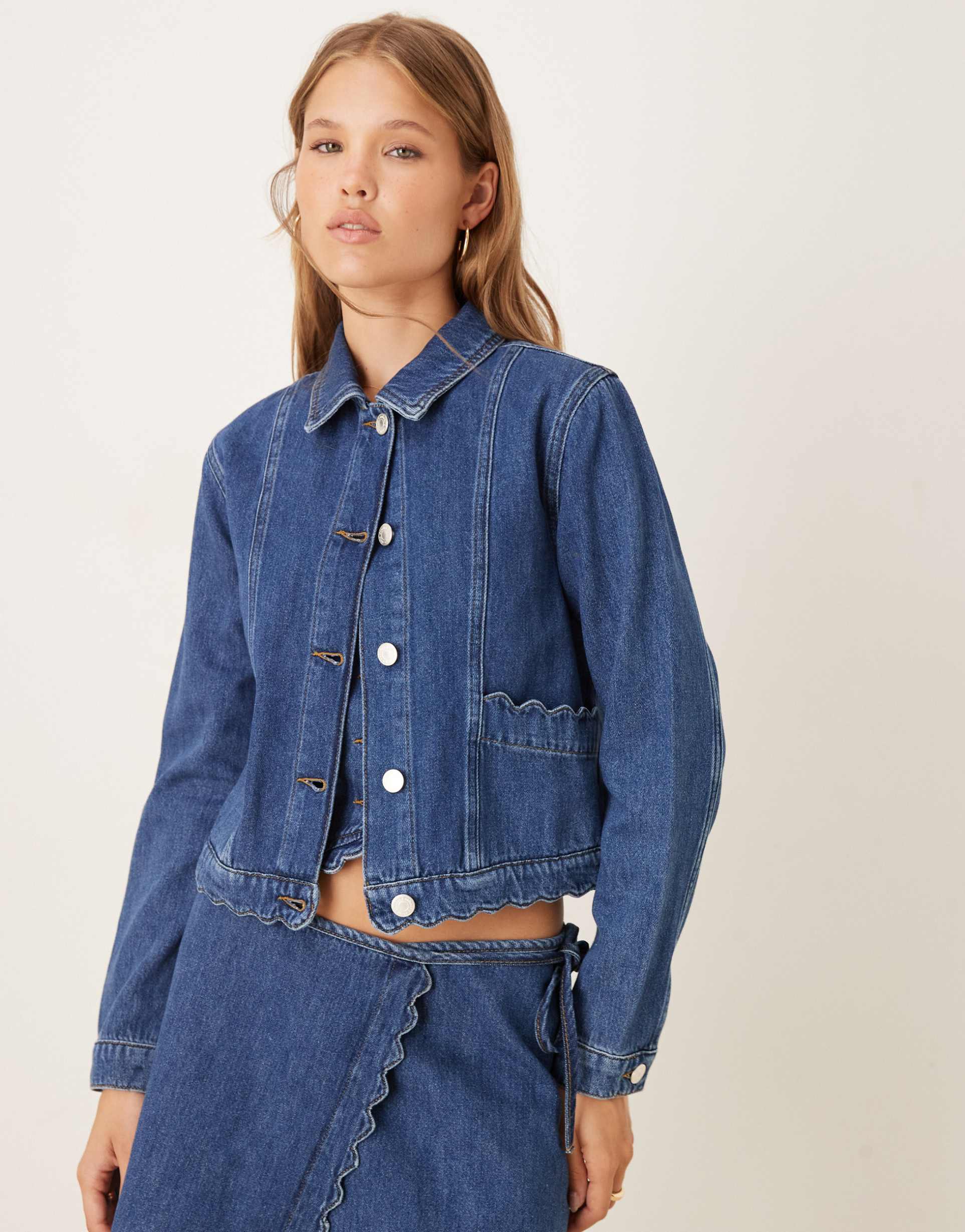 nobody's child scallop denim jacket in mid wash - part of a set