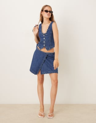 Nobody's Child scallop denim wrap mini skirt co-ord in mid wash | ASOS