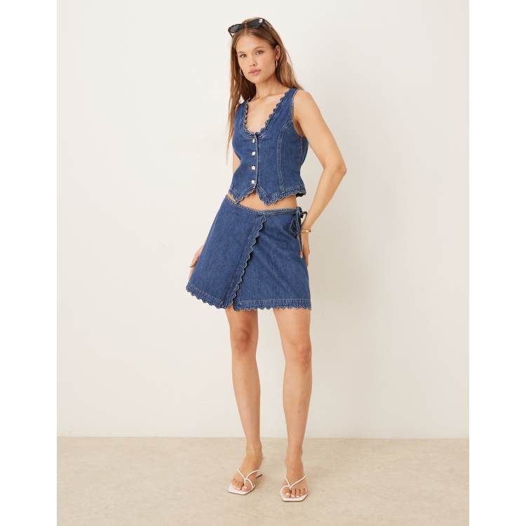 Nobody's Child scallop denim wrap mini skirt in mid wash