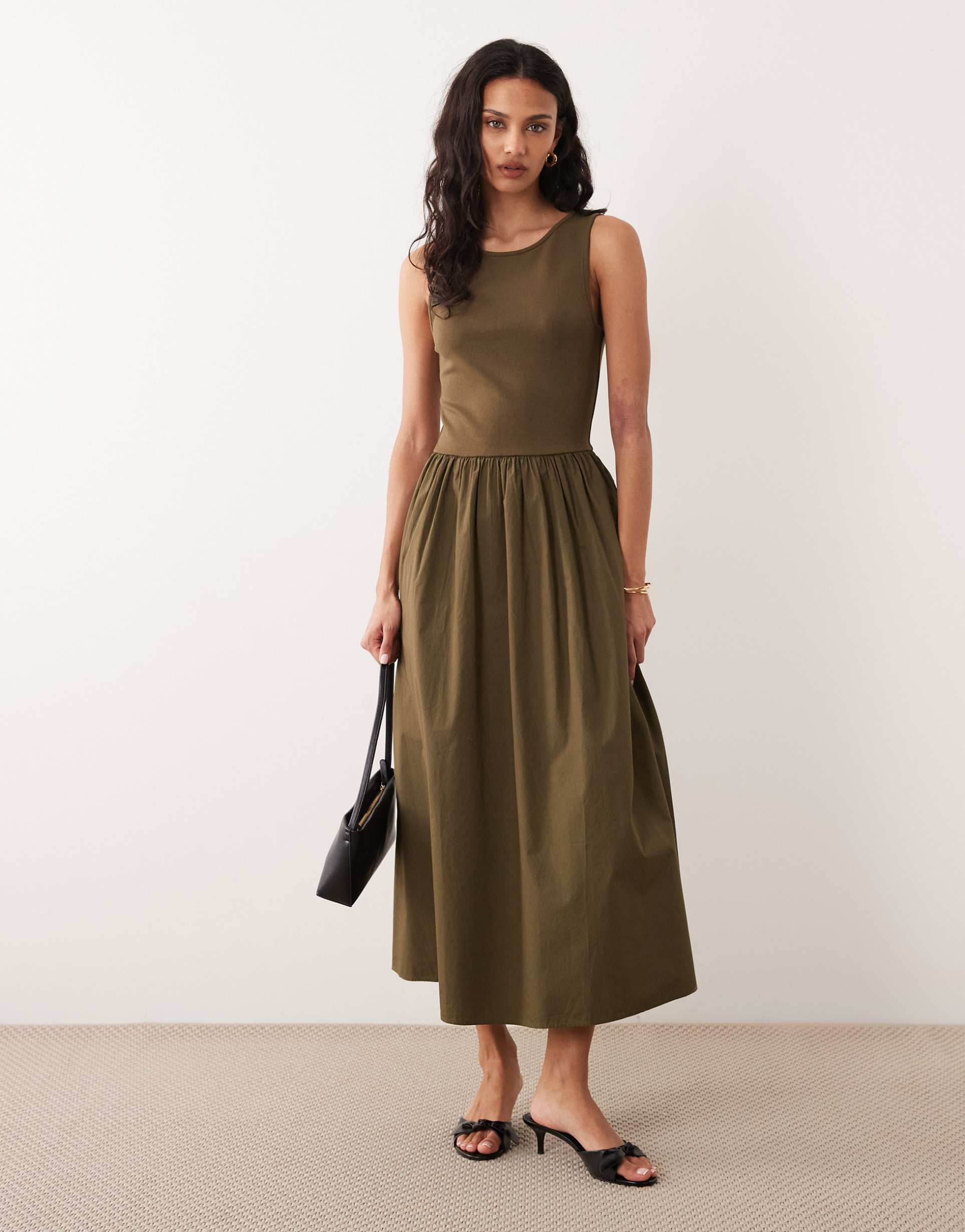 nobody's child scalloped edge button down puff sleeve midi dress in sage