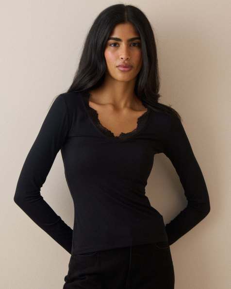Nobody's Child Scalloped lace trim modal-rich top in black - view 1