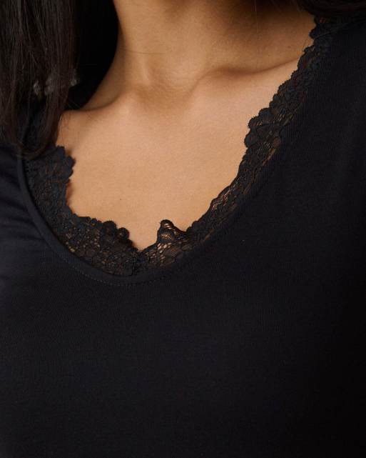 Nobody's Child Scalloped lace trim modal-rich top in black, 3 of 5