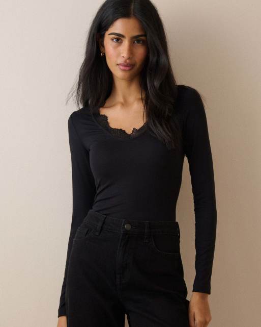Nobody's Child Scalloped lace trim modal-rich top in black, 4 of 5