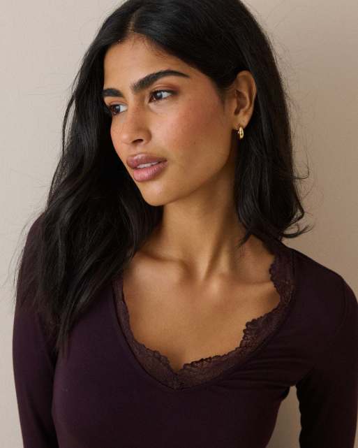 Nobody's Child Scalloped lace trim modal-rich top in burgundy, 5 of 5