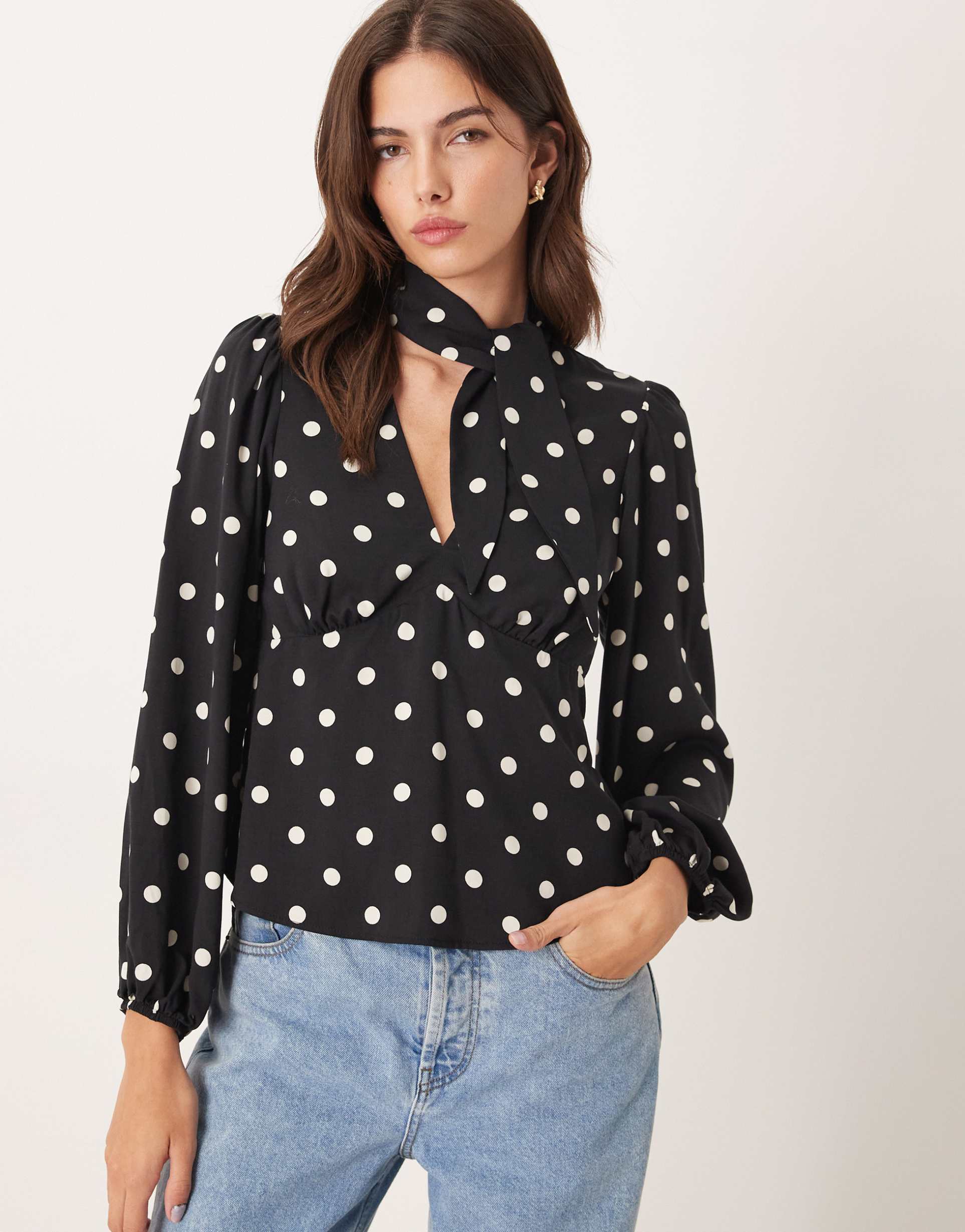 nobody's child scarf detail v-neck blouse in black and white polka dot