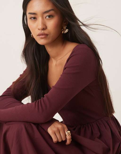 Nobody's Child scoop neck long sleeve midi dress in burgundy