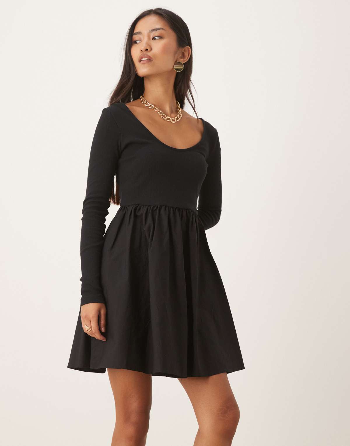 Nobody's Child scoop neck long sleeve mini dress in black