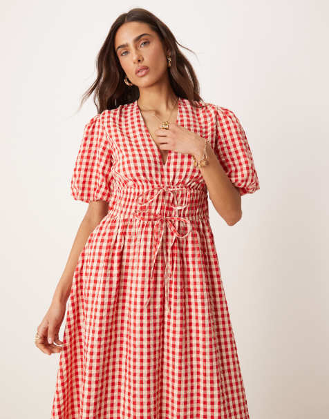 Nobody's Child – Scottie – Midikleid mit Vichy-Karos in Rot und V-Ausschnitt - view 1