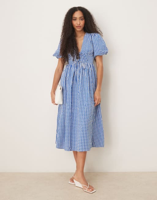 navy blue long dress with sleeves Gabriela Sky Gingham Midi Dress – Ciao Lucia main image 0