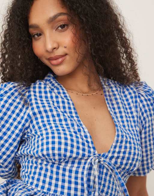 Nobody's Child Scottie puff sleeve midi dress in blue gingham | ASOS