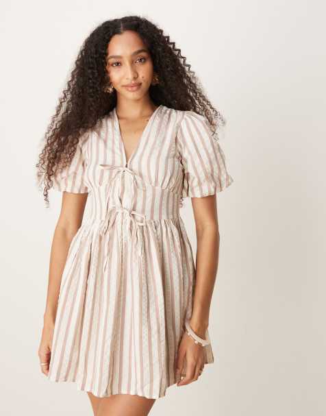 Nobody's Child Scottie puff sleeve mini dress in neutral stripe - view 1