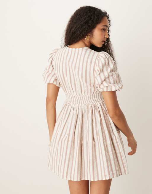 Nobody's Child Scottie puff sleeve mini dress in neutral stripe, 4 of 4