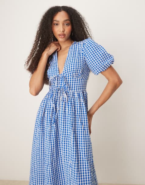 Nobody's Child - Scottie - Robe mi-longue à manches bouffantes - Vichy bleu - view 1