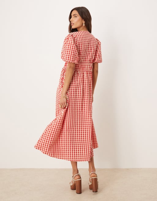 Nobody's Child Scottie v-neck midi dress in red gingham, 4 of 4