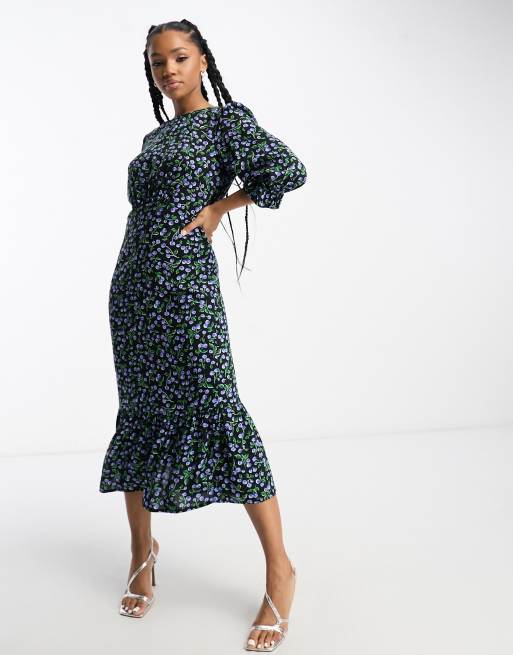 Nobody's Child - Selena - Midi-jurk met volumineuze mouwen en blauwe kersenprint