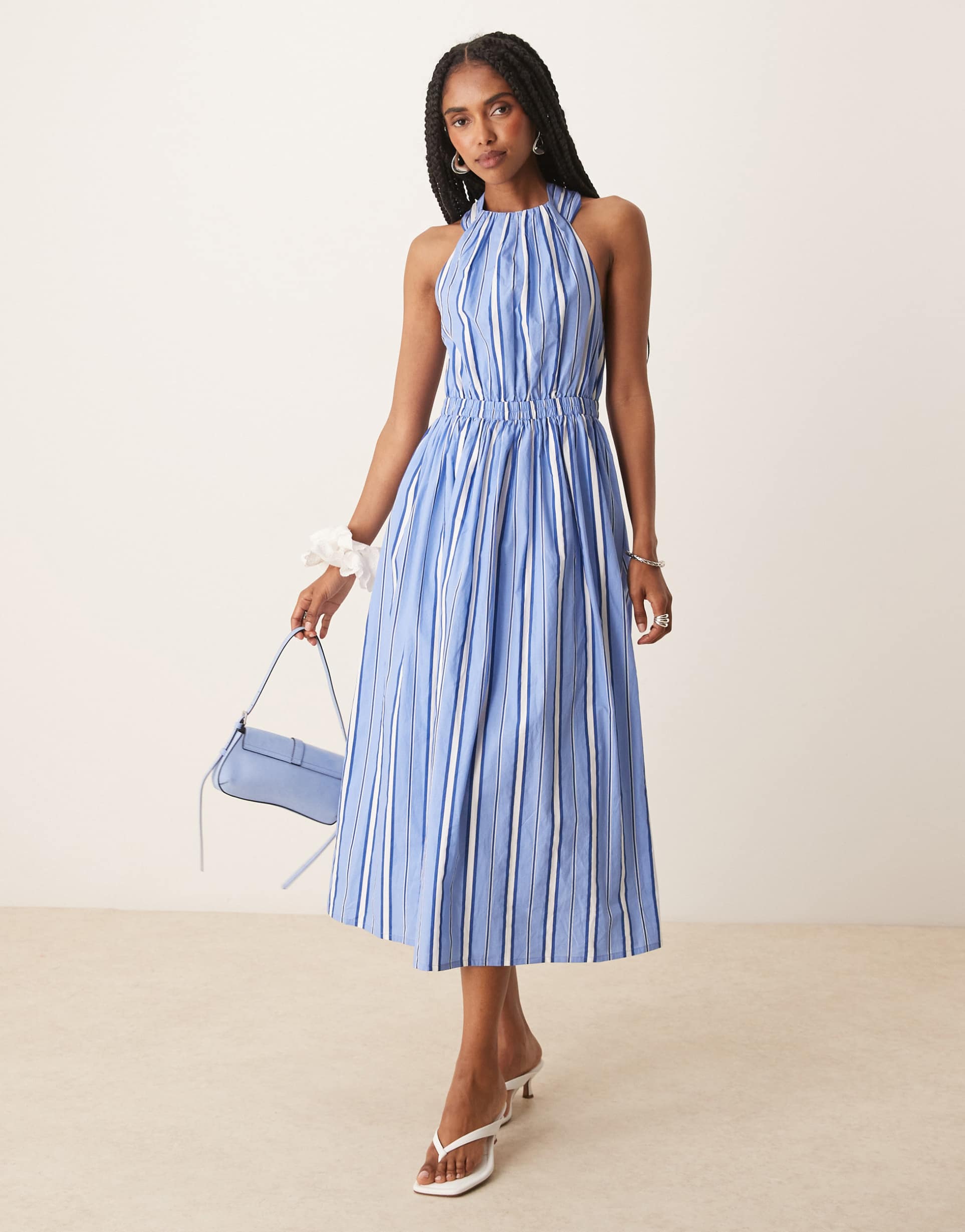 nobody's child senna racer neck midi dress in blue stripe