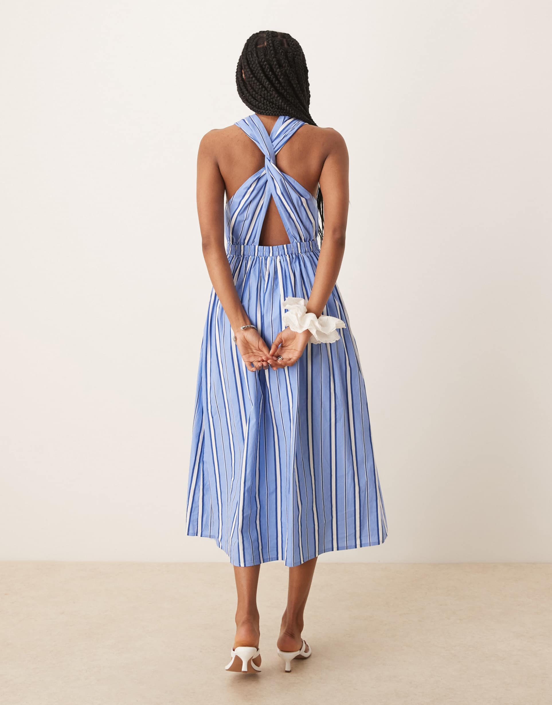 nobody's child senna racer neck midi dress in blue stripe