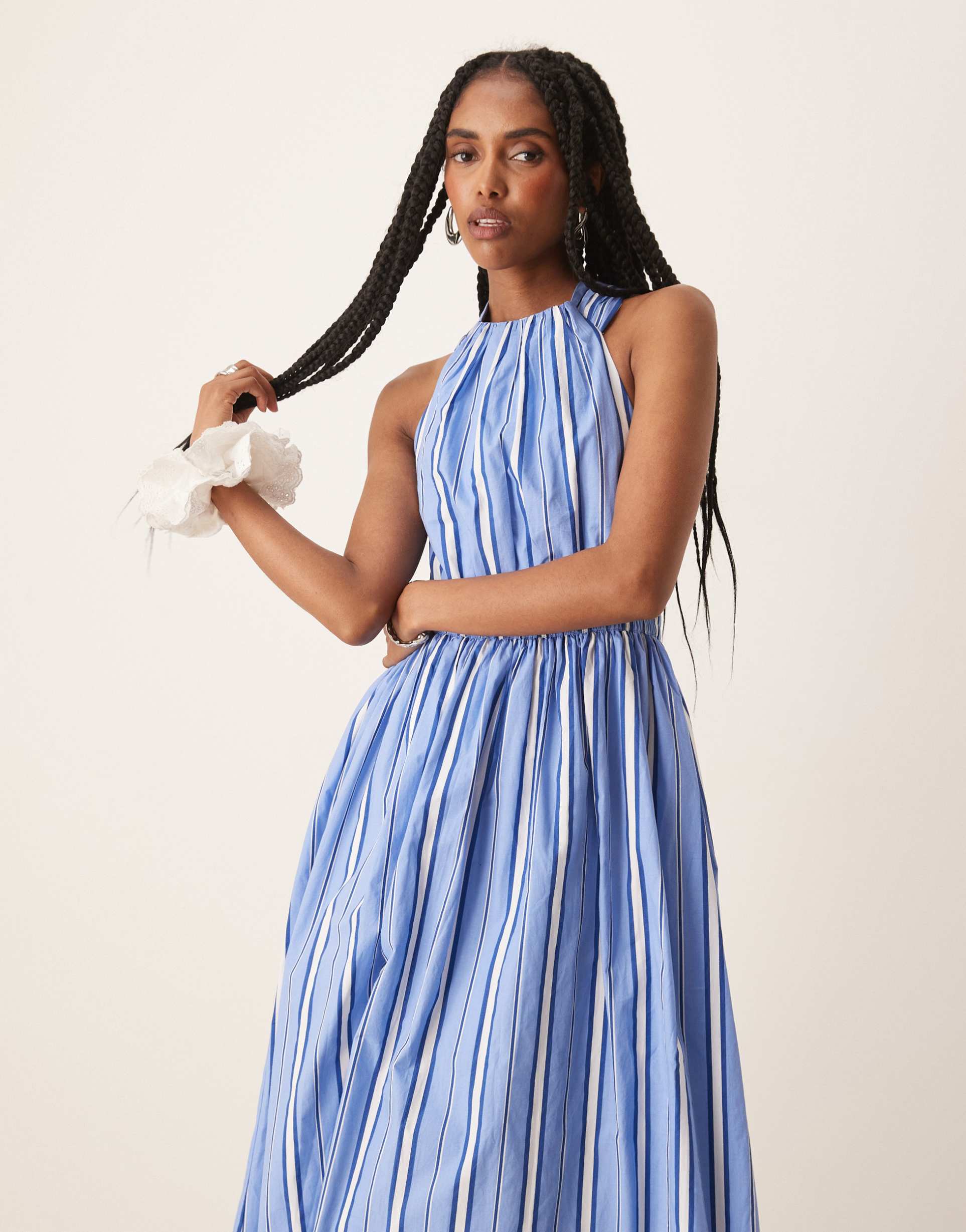 nobody's child senna racer neck midi dress in blue stripe