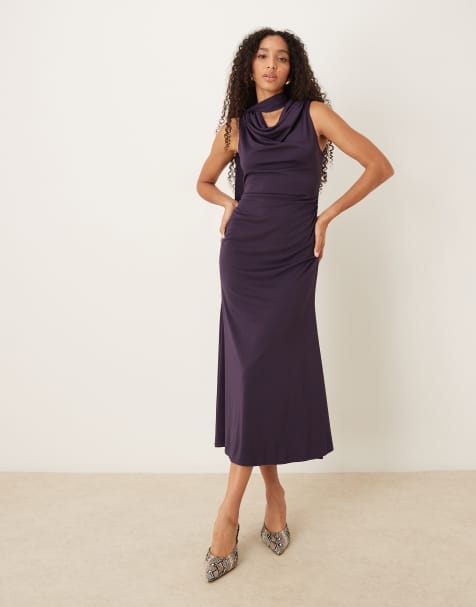 Nobody's Child Seren scarf tie neck midi dress in dark grape - view 1